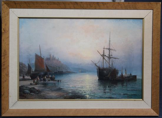Charles Anslow Thornley (1859-1885) Shipping along the coast at sunset and Hay barge in an estuary, 15.5 x 23.5in.